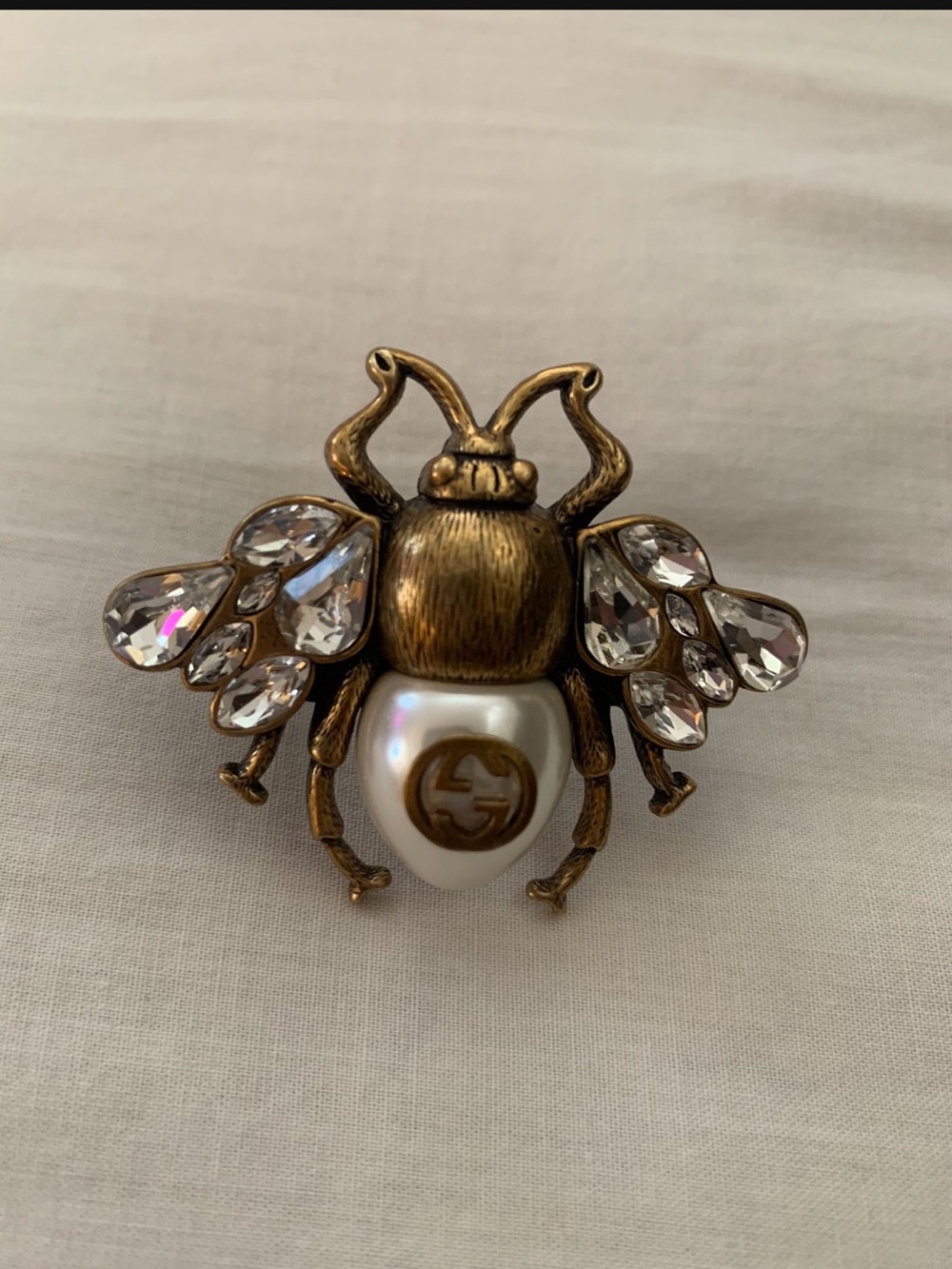 Authentic Marmont Gucci Bee ring with Crystal Wings and pearl